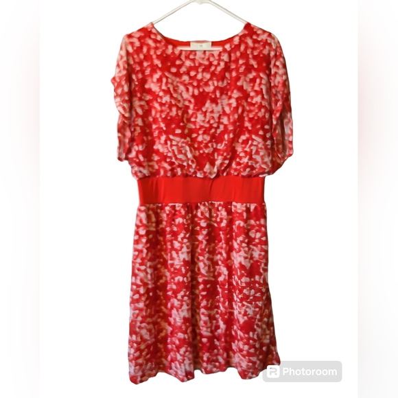 NWT H by Halston Coral Red Brush Stroke Dress Cap Sleeves Knee Length Sz. M - Picture 3 of 12
